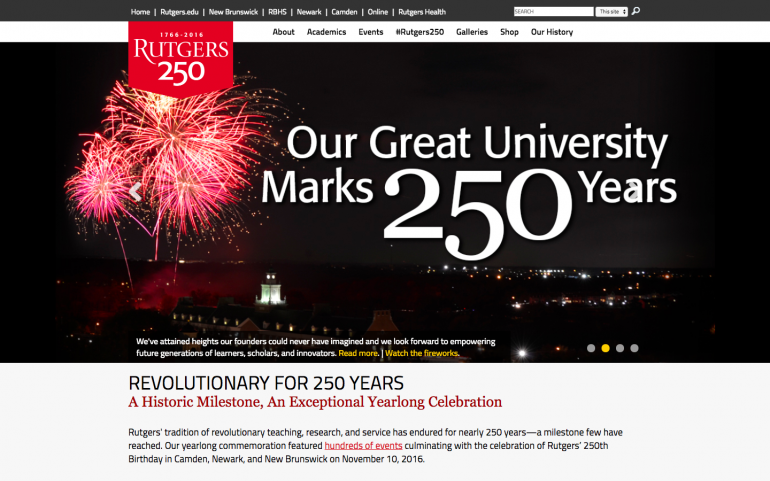 Screenshot of Rutgers 250 desktop website