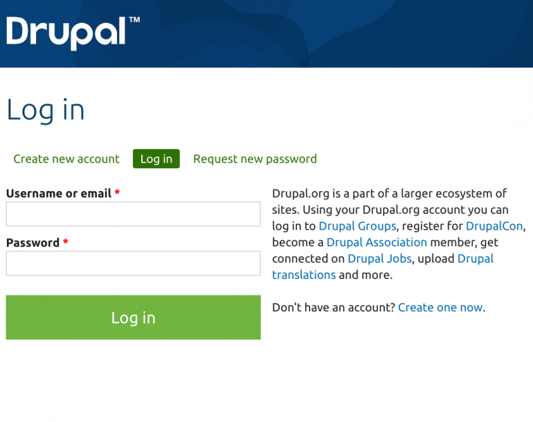 A screenshot of a Drupal login form