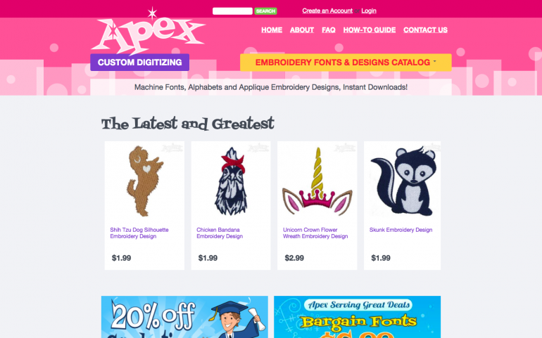 Screenshot of Apex Embroidery Designs desktop website