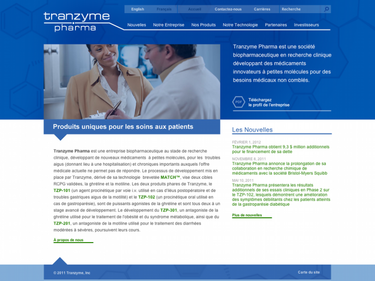 Screenshot of Tranzyme French Home Page
